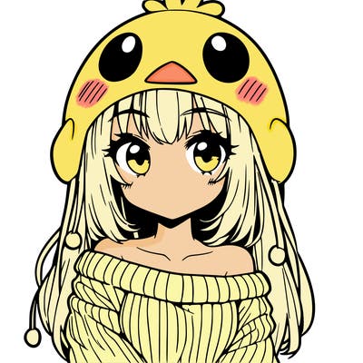 anime girl with chick shaped hat with sweater with bare shoulders with bangs covering them one eye with low tail