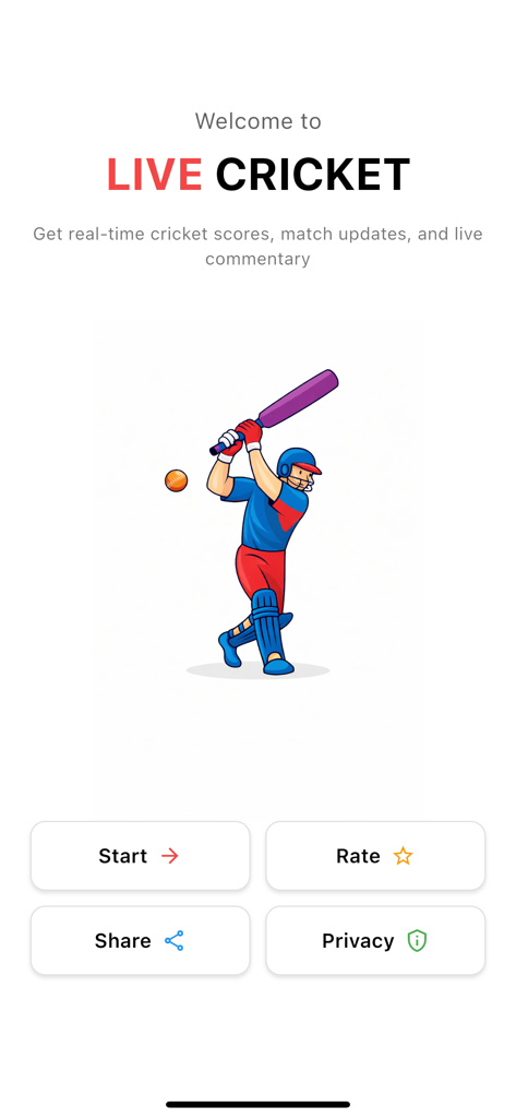 Welcome screen for the CricTV app showing an illustration of a cricket player and a start button