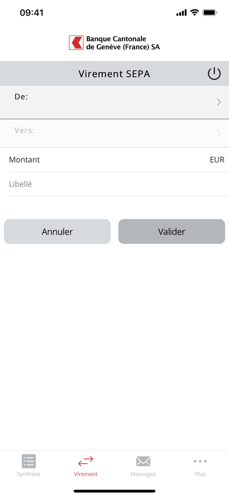 Interface de virement SEPA dans l'application bancaire mobile BCGEF montrant les champs pour le montant et le destinataire