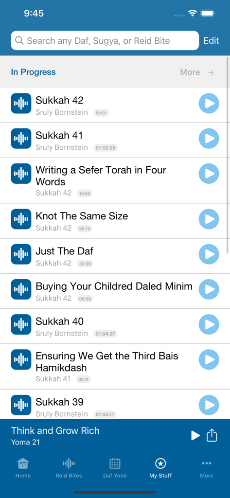 Lakewood Daf Yomi - Lakewood Daf Yomi app interface showing a list of audio lectures by Sruly Bornstein