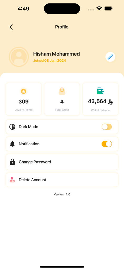 Interfaz de perfil de usuario de la aplicación Jack que muestra el saldo de la cuenta, puntos de fidelidad y configuración del sistema