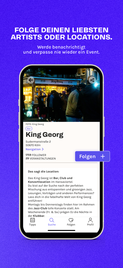 Rausgegangen app screen displaying a profile for King Georg with a follow button to get event notifications.