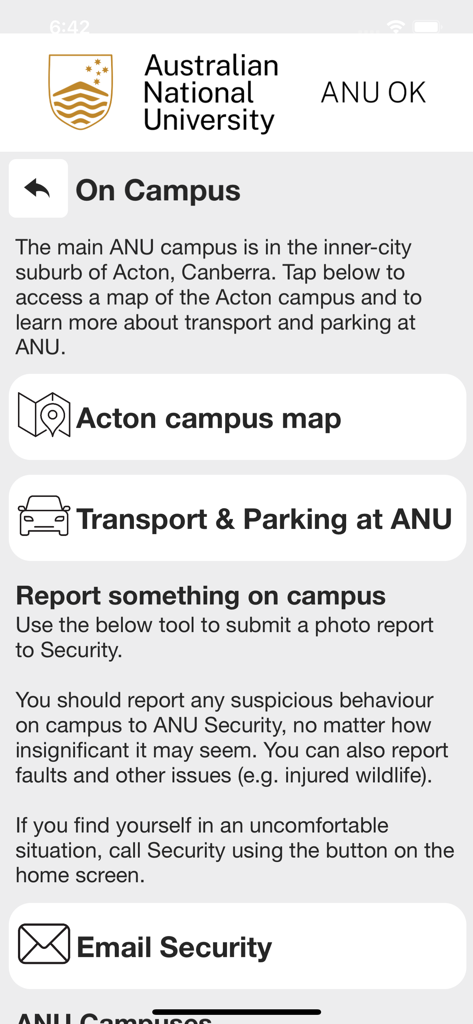 ANUOK app interface showing campus map and security reporting options