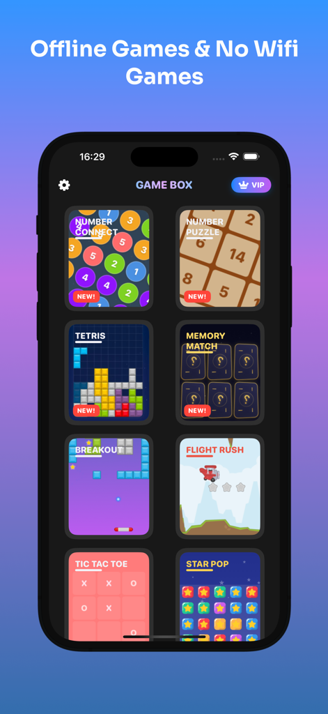 A collection of offline casual games including Tetris and Tic Tac Toe displayed in the Game Box app interface