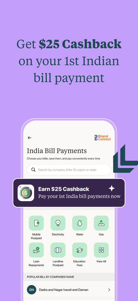 My Beacon - Promotional screen for My Beacon app offering 25 dollars cashback for the first bill payment to India from Canada.