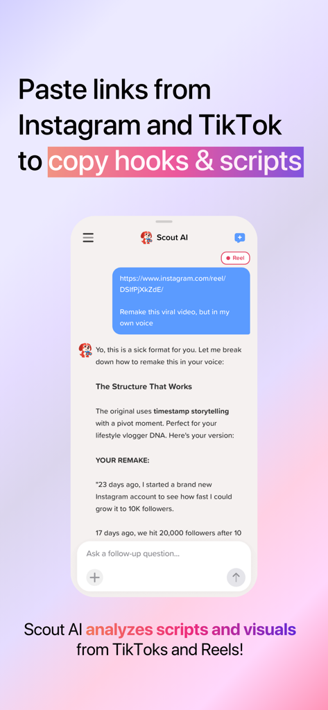 InstagramとTikTokのリンクを貼り付けてバイラル動画のフックとスクリプトをコピー＆リメイクする方法を示すScout AIアプリのインターフェース