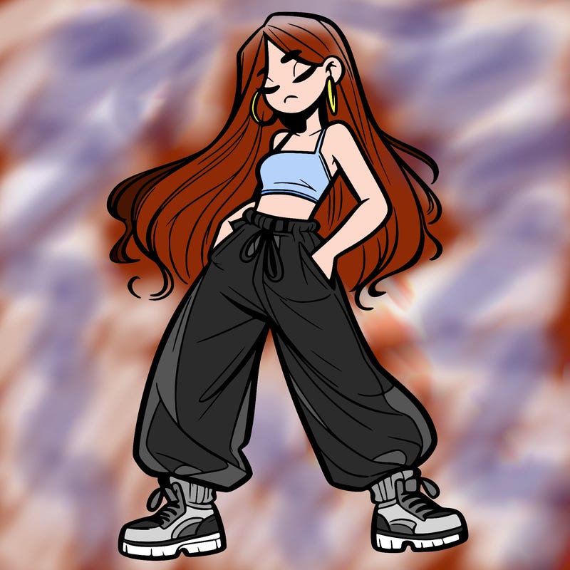 girl in baggy pants crop top and long hair
