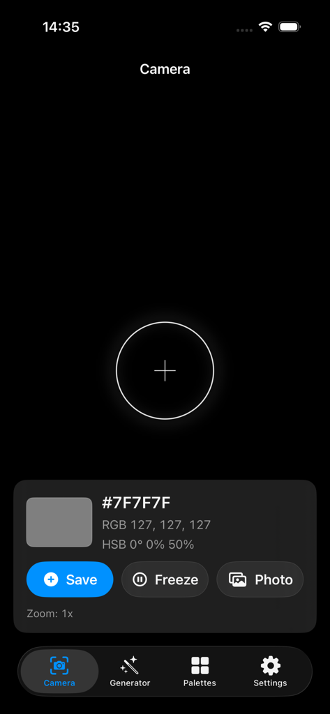 Chroma Lens Studio - Interface do aplicativo Chroma Lens Studio mostrando amostragem de cores da câmera ao vivo com dados HEX e RGB