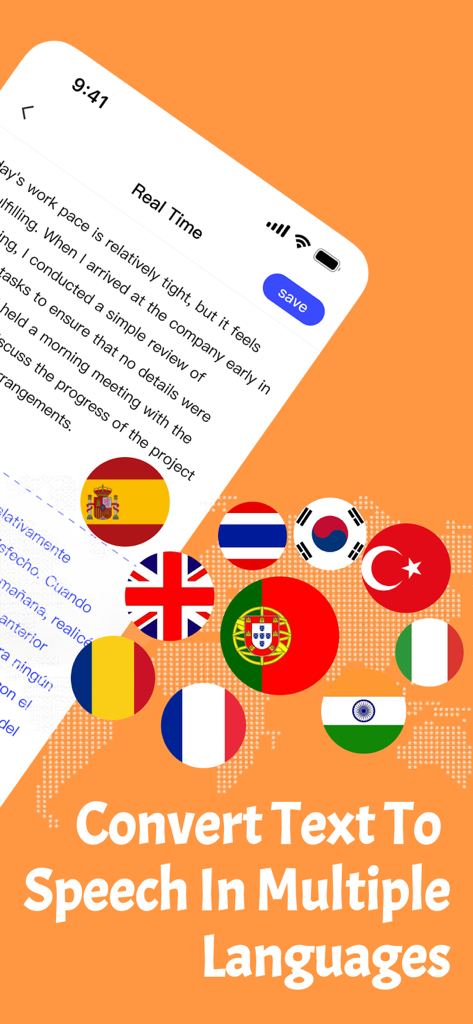 TTSpeech: Text to Speech Audio - Interface de l'application TTSpeech montrant la conversion de texte en parole dans plusieurs langues avec des drapeaux internationaux
