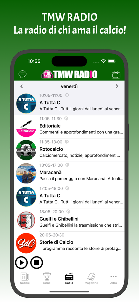 Horario de TMW Radio en la aplicación TuttoMercatoWeb mostrando una lista de programas de fútbol