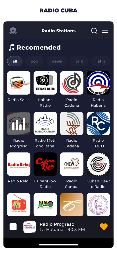 Radio Cuba Live FM AM Online - User interface of the Radio Cuba app displaying a grid of various Cuban radio station logos and genre filters.