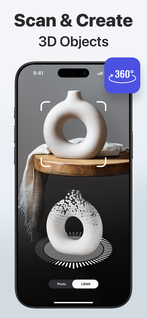 iPhone screen showing 3D Snap app scanning a ceramic vase to create a 3D model using LiDAR technology