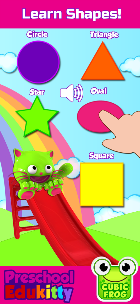 Preschool EduKitty-Kids Games - Pantalla de juego educativo infantil que muestra diferentes formas geométricas y un personaje de gatito verde