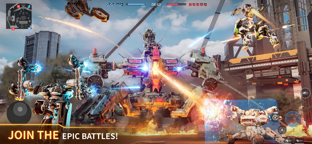 Armor Attack: Robot & Mecha - A group of futuristic combat mechs and giant robots engaged in an intense tactical battle on a city bridge