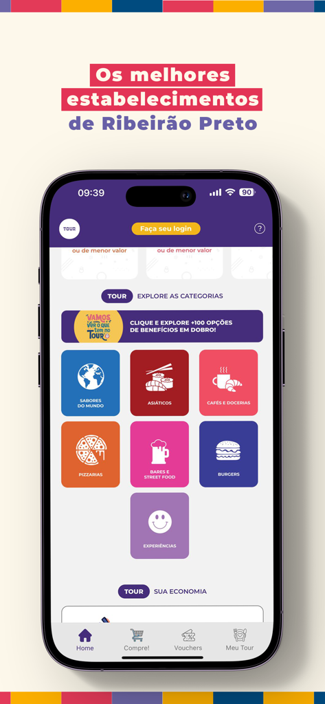 Tour Ribeirão Preto - Tela de categorias do aplicativo Tour Ribeirão Preto mostrando várias categorias de restaurantes para vouchers de desconto