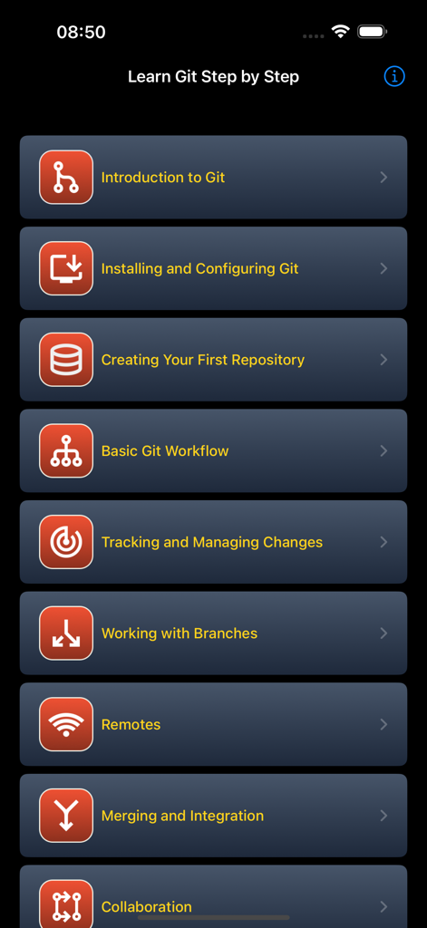 The curriculum menu of the Learn Git Step by Step app showing structured learning chapters from basic introduction to advanced collaboration.