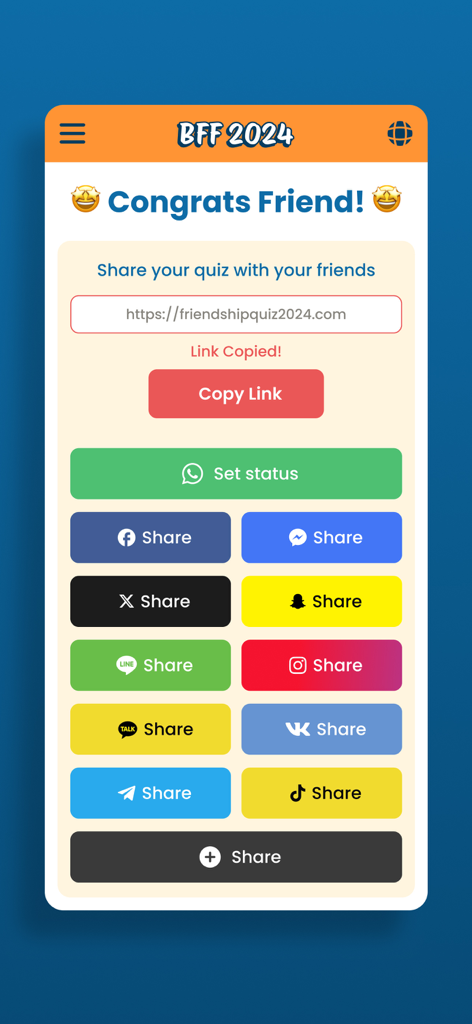Schermata di condivisione sui social media per l'app BFF Friendship Test con icone di varie piattaforme.