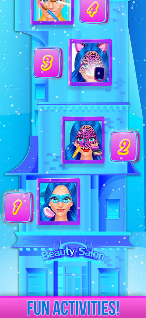 Ice Princess Face Paint Salon game levels showing various face painting and spa activities