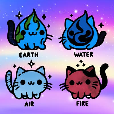 4 cats that represent the different elements, earth, water, air, and fire