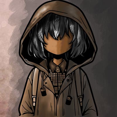 little anime girl in a raincoat her hair is covering her eyes she has a lighter