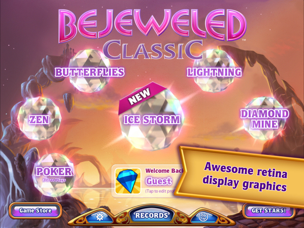 Pantalla del menú principal de Bejeweled Classic HD mostrando varios modos de juego como Zen y Diamond Mine