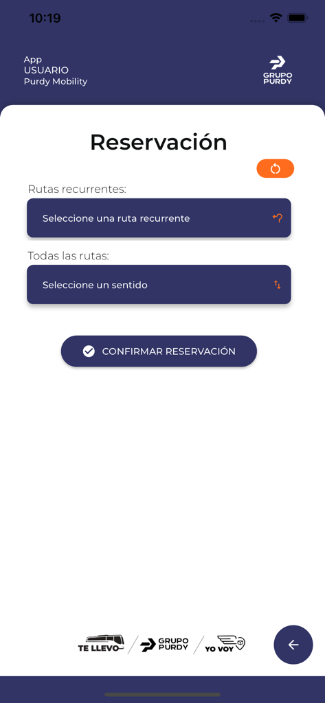 Purdy Mobility - Interfaz de reserva de shuttle de la aplicación Purdy Mobility para seleccionar y confirmar rutas de transporte