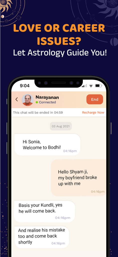 Bodhi: Astrology & Horoscope - Chat ao vivo com um especialista em astrologia védica no aplicativo Bodhi para orientação de relacionamento.