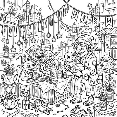 Dive into a charming and mischievous world with this City Goblins baby shower coloring page. Watch as these joyful creatures celebrate a new arrival amidst their cleverly repurposed decorations.