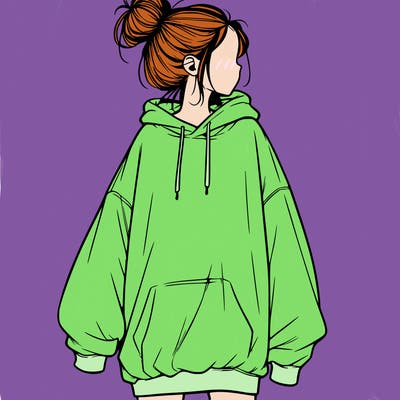 realistic girl with a oversized sweatshirt on and a bun