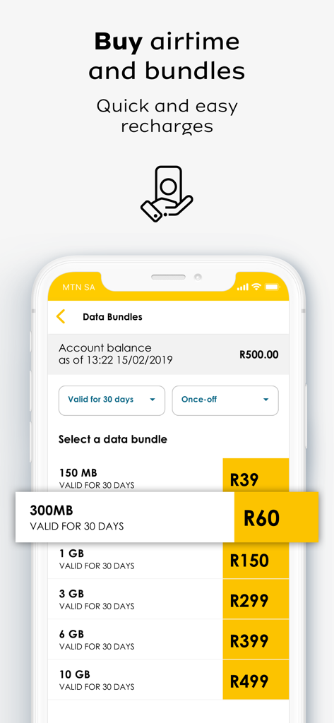 MTN MoMo SA - Una interfaz móvil de la aplicación MTN MoMo SA que muestra varias opciones de paquetes de datos y precios para recargas rápidas.