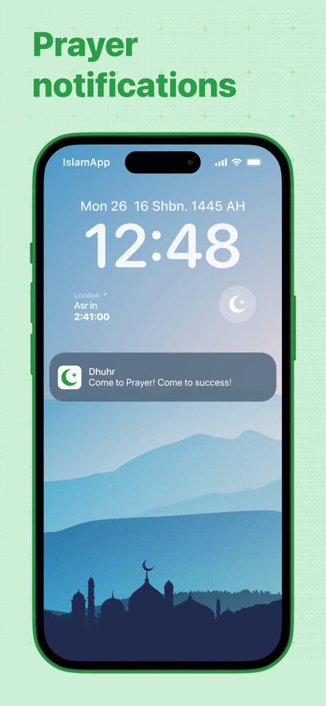 IslamApp: Prayer times, Qibla - iPhone lock screen showing a Dhuhr prayer notification and a countdown widget for the next prayer time from IslamApp