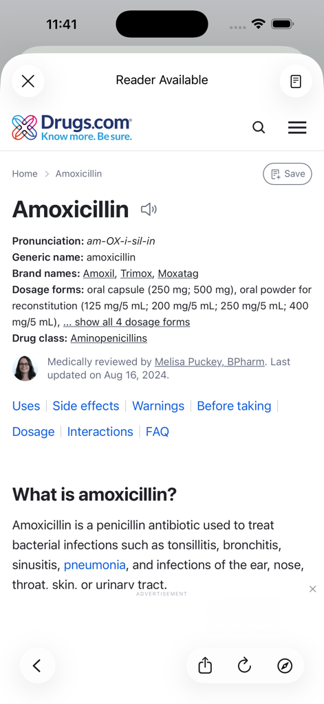 MedSnap - Snap It, Track It - Medication information for Amoxicillin within the MedSnap app via drugs dot com integration.