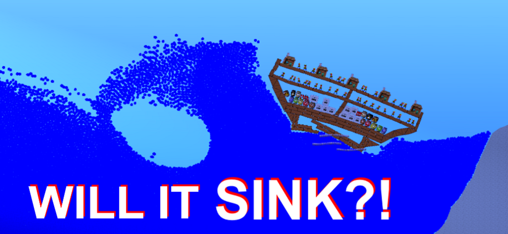 Water Physics Simulation - A wooden ship being hit by a large wave in a water physics simulation game