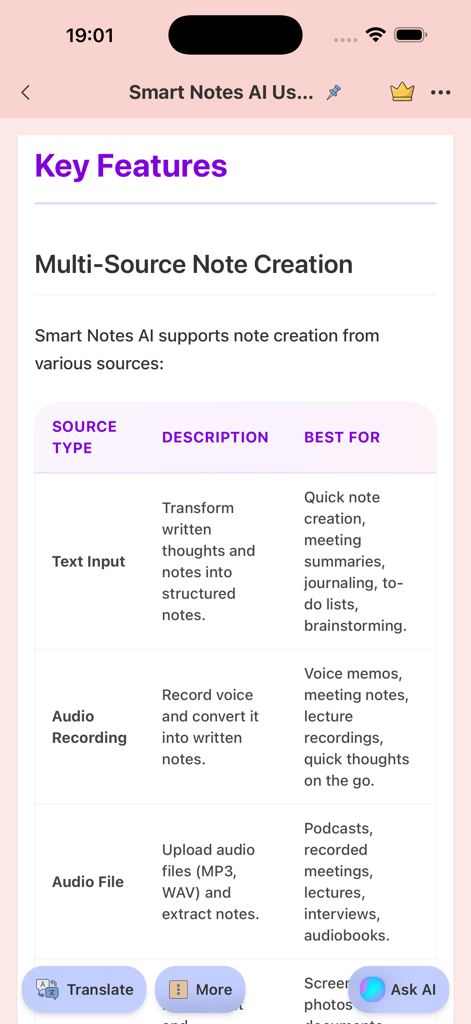Smart Notes AI: Study & PDF - Smart Notes AIアプリ内の表。テキスト入力、音声録音、音声ファイルアップロードなどのマルチソースノート作成機能について説明。