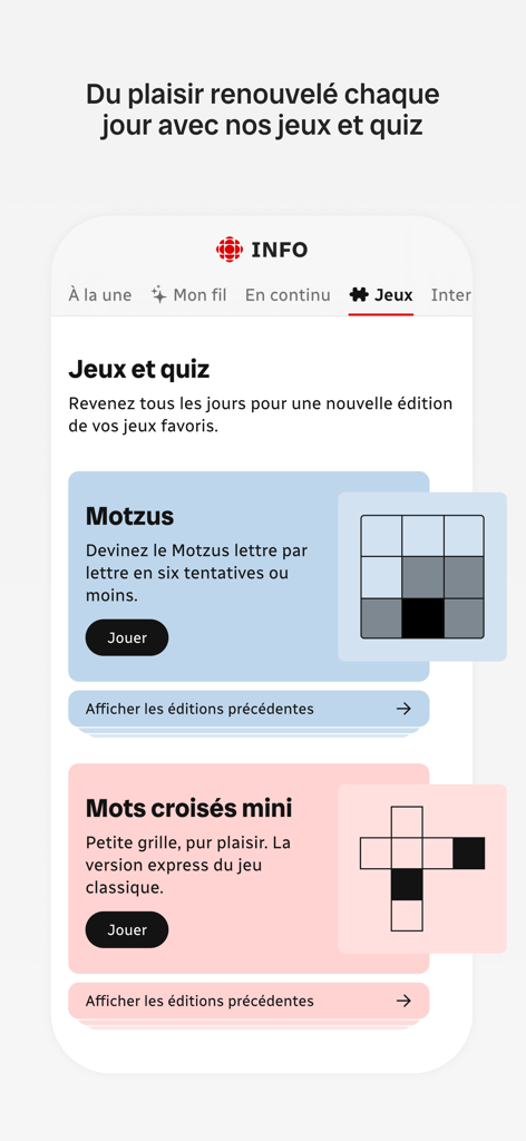 Radio-Canada Info mobile app interface showing the daily games and quizzes section with Motzus and mini crosswords.