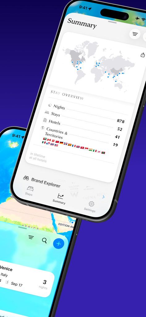 Awaybook: Hotel Tracker - Awaybook app summary screen showing hotel stay statistics and a world map of visited locations