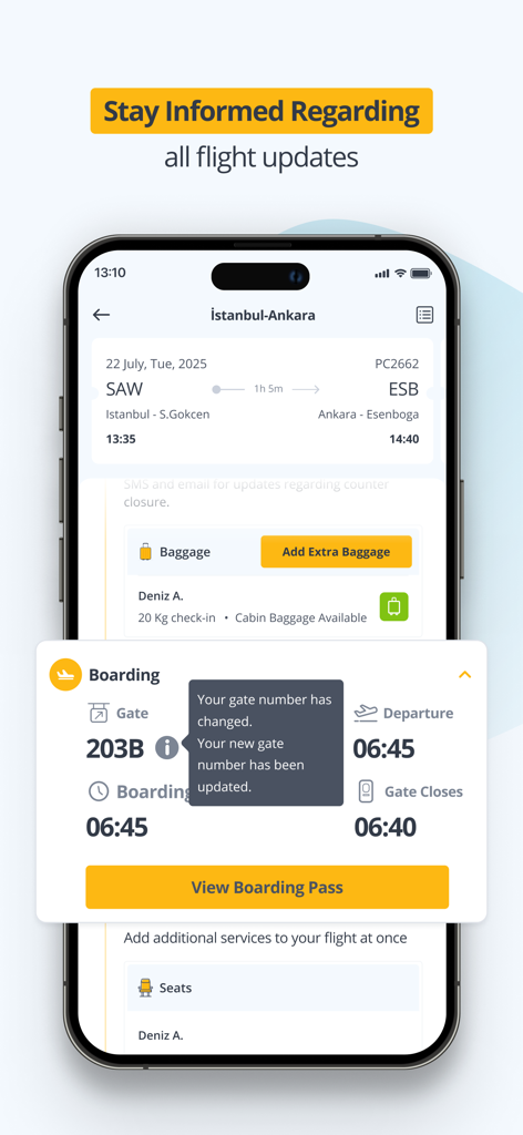Mobile App-Oberfläche, die Echtzeit-Flugaktualisierungen und Gate-Änderungsbenachrichtigungen für einen Pegasus-Flug anzeigt.
