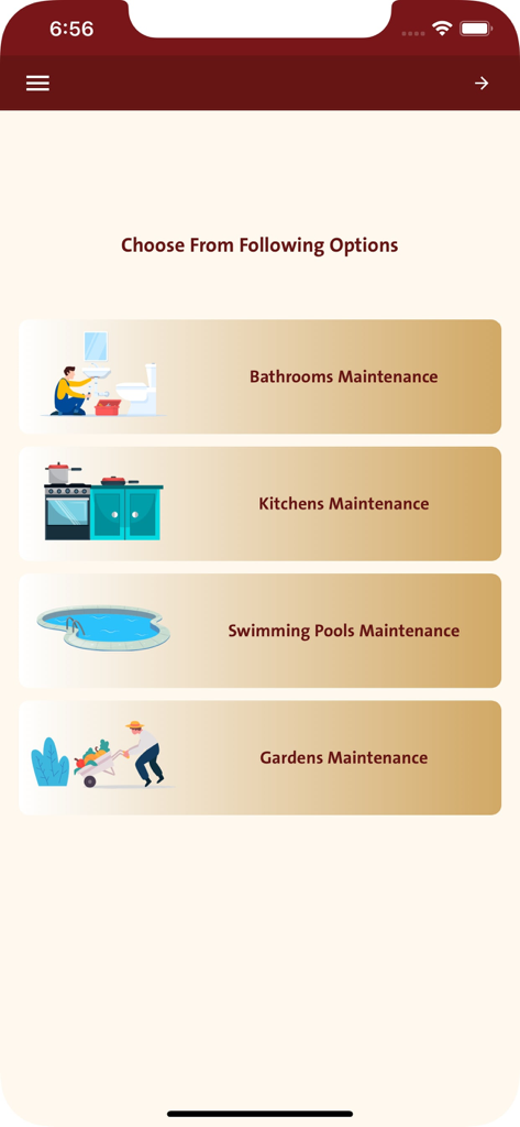 Mobile App-Oberfläche von Awon mit Optionen für die Wartung von Bädern, Küchen, Schwimmbädern und Gärten.