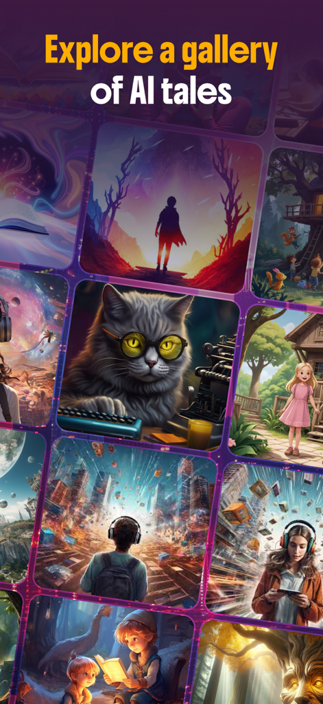 Novel AI - AI Story Generator - A visual gallery displaying a variety of AI-generated story covers including fantasy, sci-fi, and children's tales.