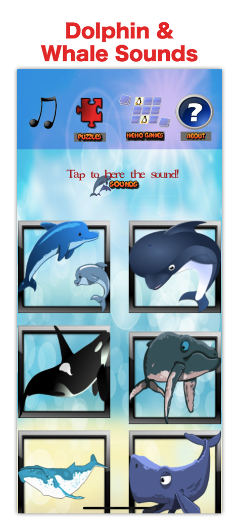 Main menu of the Sea World app featuring dolphin and whale sounds with interactive marine animal icons
