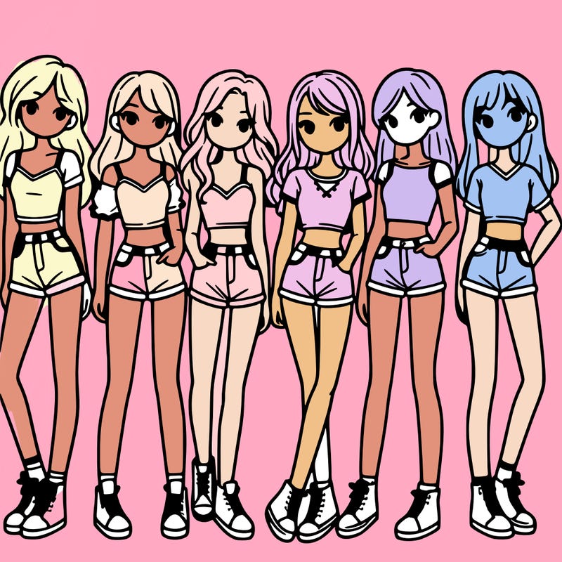 a group of girls wearing crop tops and shorts