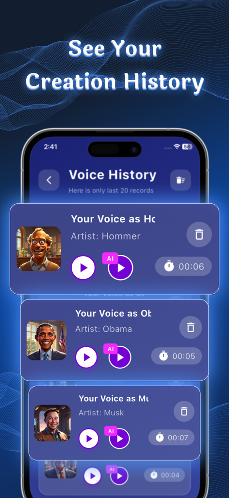 Voice Changer - Sound Effects⁺ - Interface showing a history of saved AI voice transformations and recordings