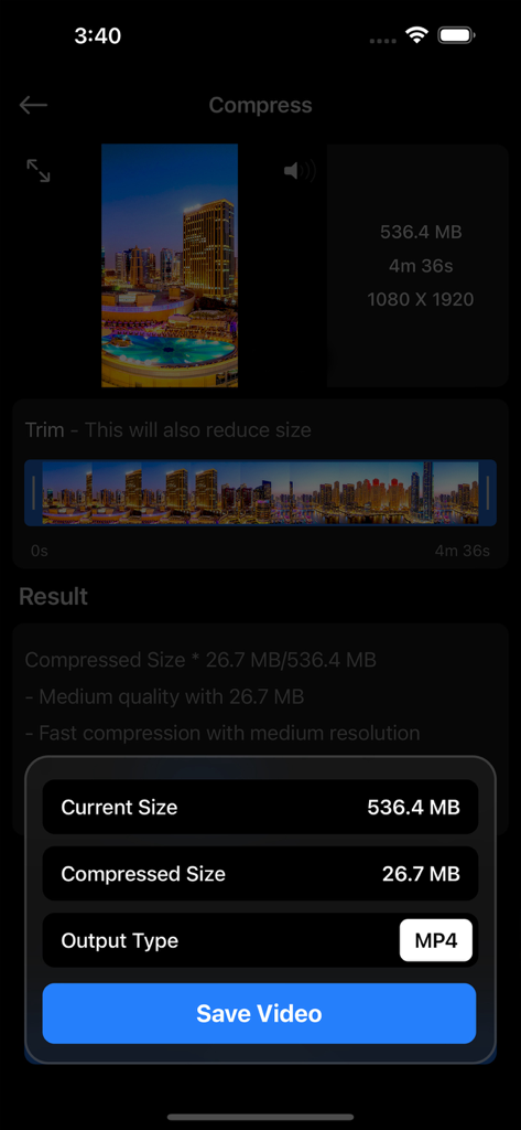 Video Compressor: Resize Video - Interface of Video Compressor app showing a video size reduction from 536MB to 26MB