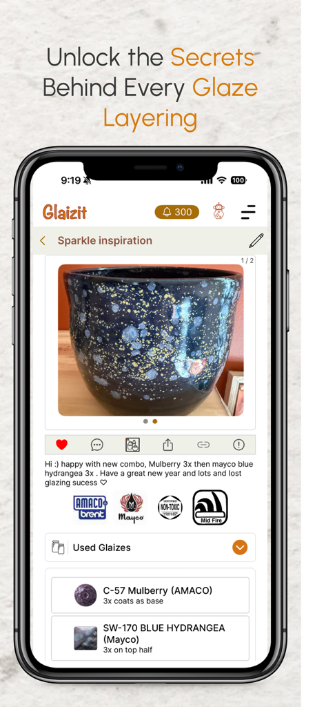 Glaizit – Smart Pottery Hub - Mobile screen showing a speckled ceramic pot with detailed glaze layering recipes and material brands