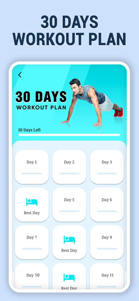 Chest Workout for Men at Home - Interfaz de una aplicación que muestra un plan de rutina de pecho de 30 días con un horario diario y días de descanso.