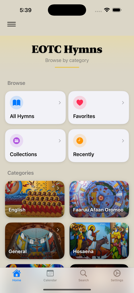 EOTC hymns - Home screen of the EOTC Hymns app displaying categories such as English and General mezmurs