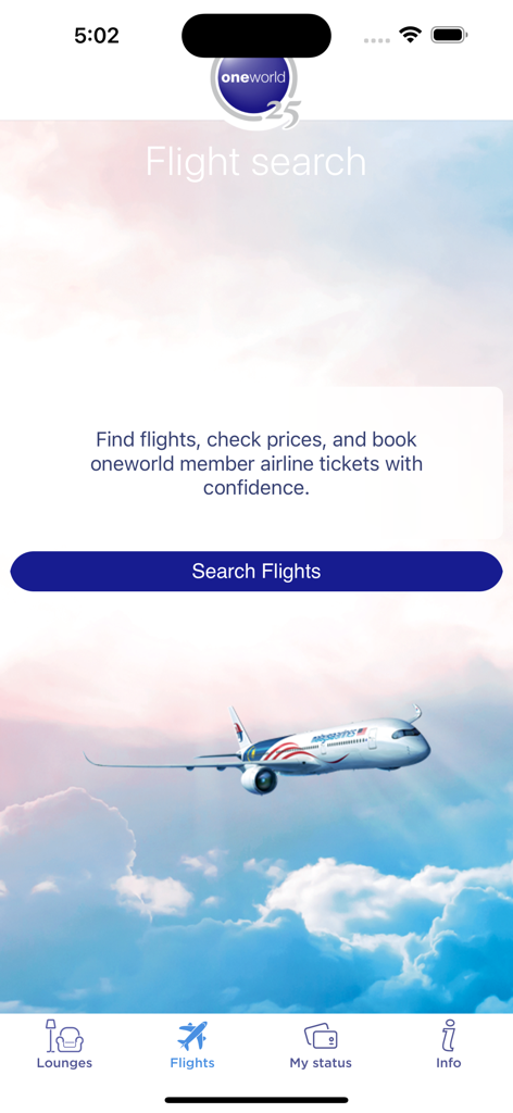 Fly Oneworld - Flight search interface of the Fly Oneworld app showing an airplane flying above the clouds