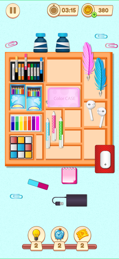 Little Right Organizer Puzzle - Gameplay of Little Right Organizer Puzzle featuring a wooden tray filled with organized stationery and tech accessories.