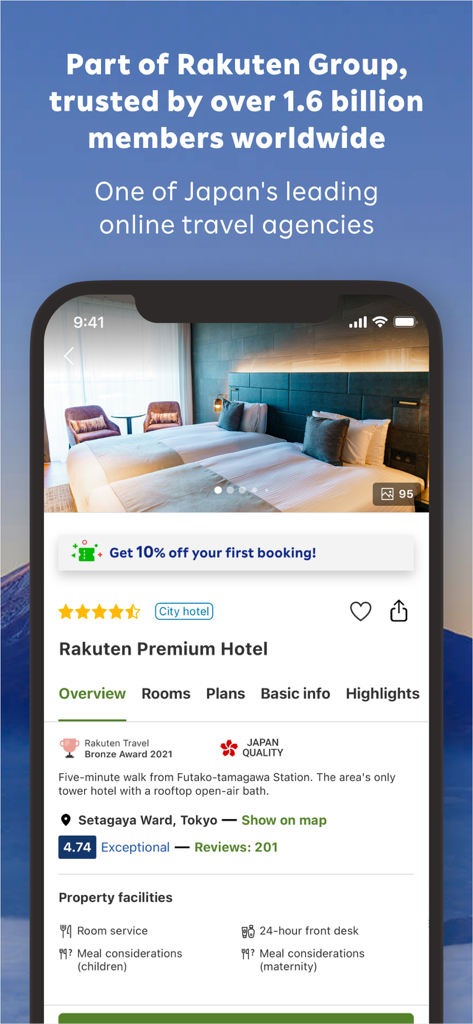 Rakuten Travel: Hotel Booking - Aplicativo móvel Rakuten Travel mostrando uma listagem de hotel premium em Tóquio, Japão, com descontos especiais para membros