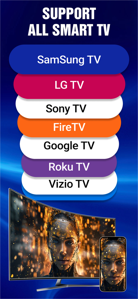 Una lista de marcas de Smart TV compatibles para reflejo de pantalla, incluyendo Samsung LG Sony FireTV Google TV Roku y Vizio